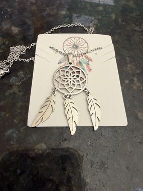 Silver Colored Dreamcatcher Feather Pendant Necklace - Women Jewelry